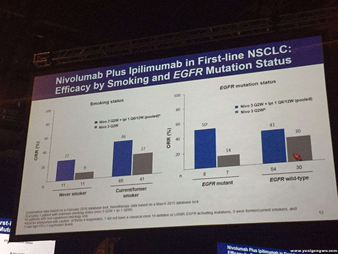 肿瘤缓解率，在吸烟人群里较高，在EGFR突变的人里高